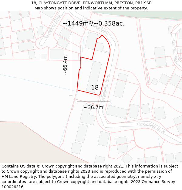 18, CLAYTONGATE DRIVE, PENWORTHAM, PRESTON, PR1 9SE: Plot and title map