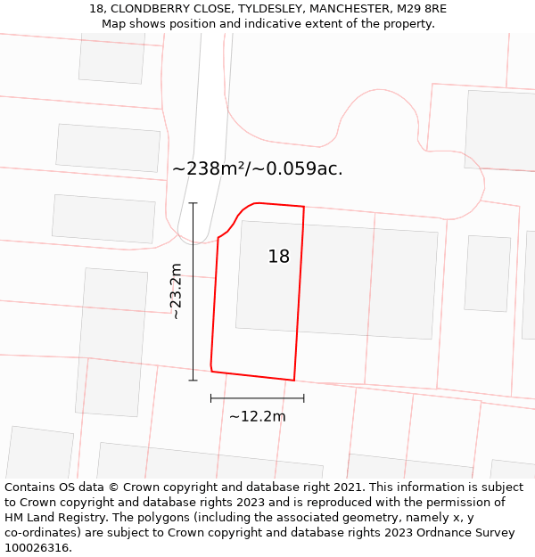 18, CLONDBERRY CLOSE, TYLDESLEY, MANCHESTER, M29 8RE: Plot and title map