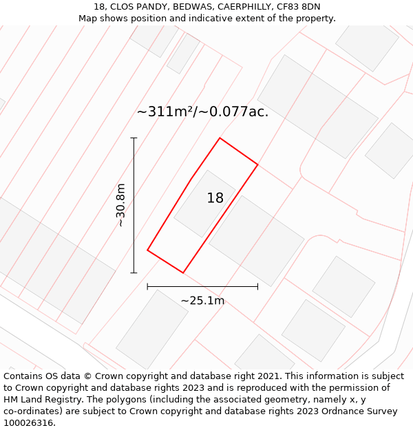 18, CLOS PANDY, BEDWAS, CAERPHILLY, CF83 8DN: Plot and title map