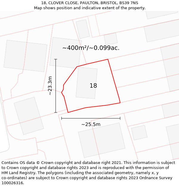 18, CLOVER CLOSE, PAULTON, BRISTOL, BS39 7NS: Plot and title map