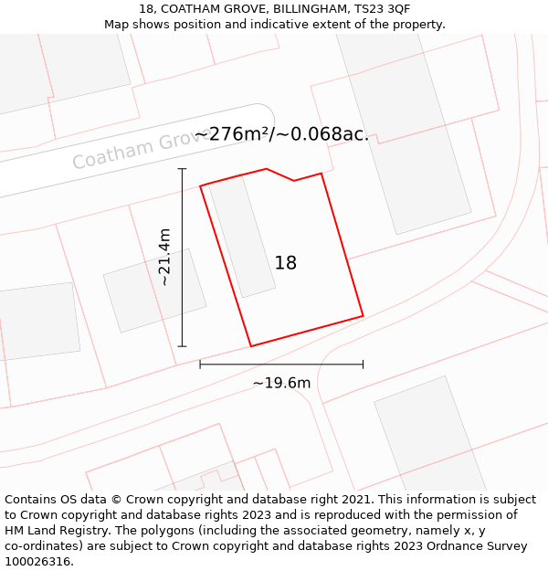 18, COATHAM GROVE, BILLINGHAM, TS23 3QF: Plot and title map