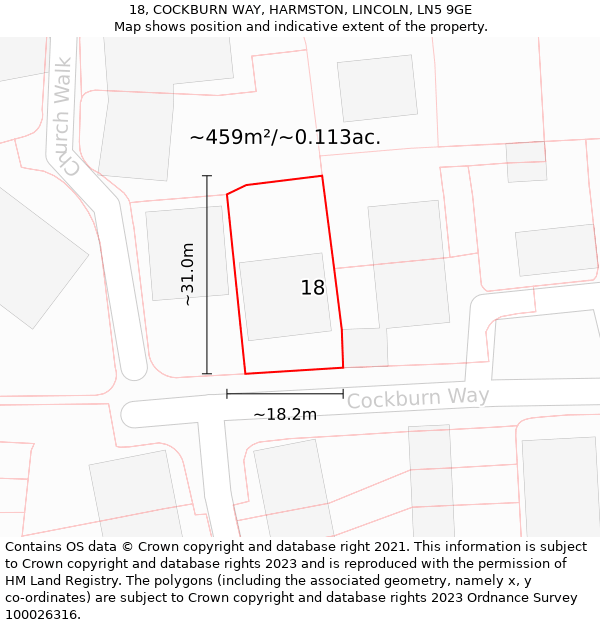 18, COCKBURN WAY, HARMSTON, LINCOLN, LN5 9GE: Plot and title map