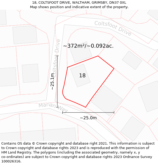 18, COLTSFOOT DRIVE, WALTHAM, GRIMSBY, DN37 0XL: Plot and title map