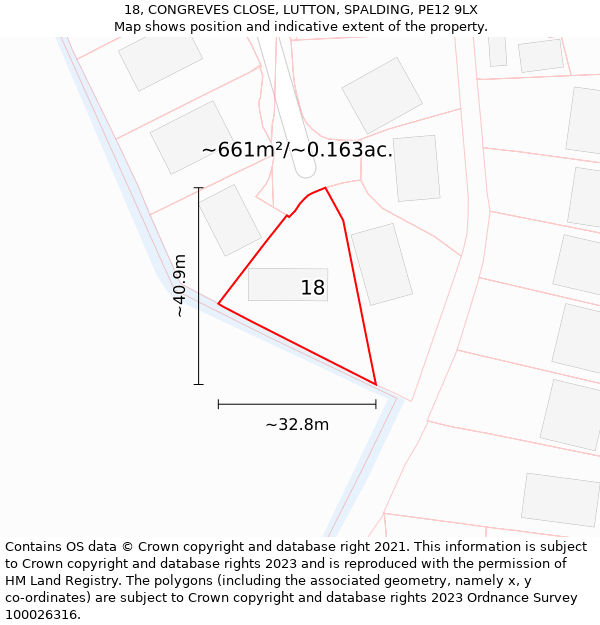 18, CONGREVES CLOSE, LUTTON, SPALDING, PE12 9LX: Plot and title map