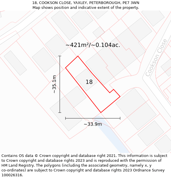 18, COOKSON CLOSE, YAXLEY, PETERBOROUGH, PE7 3WN: Plot and title map