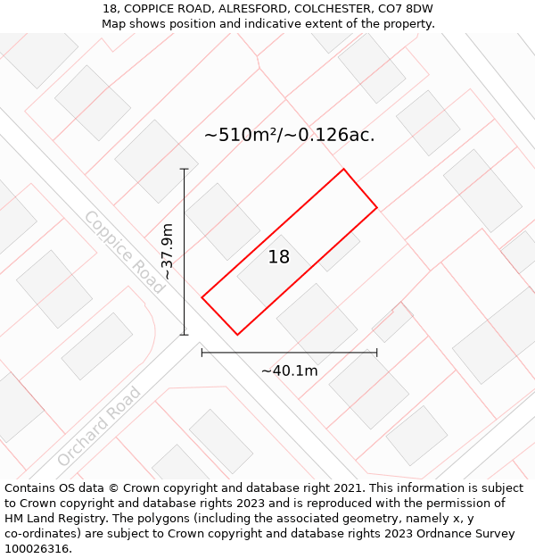 18, COPPICE ROAD, ALRESFORD, COLCHESTER, CO7 8DW: Plot and title map