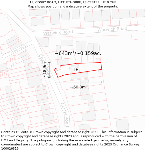 18, COSBY ROAD, LITTLETHORPE, LEICESTER, LE19 2HF: Plot and title map