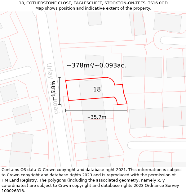 18, COTHERSTONE CLOSE, EAGLESCLIFFE, STOCKTON-ON-TEES, TS16 0GD: Plot and title map