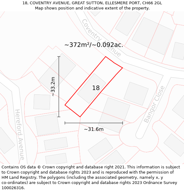 18, COVENTRY AVENUE, GREAT SUTTON, ELLESMERE PORT, CH66 2GL: Plot and title map