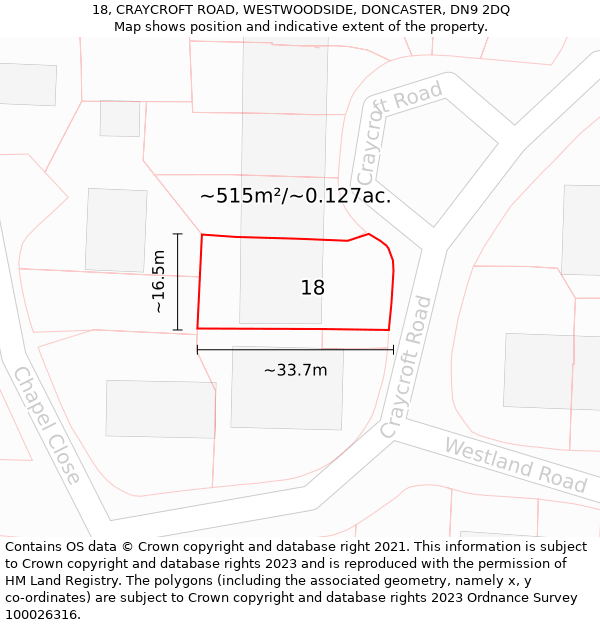 18, CRAYCROFT ROAD, WESTWOODSIDE, DONCASTER, DN9 2DQ: Plot and title map