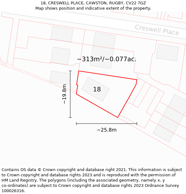 18, CRESWELL PLACE, CAWSTON, RUGBY, CV22 7GZ: Plot and title map