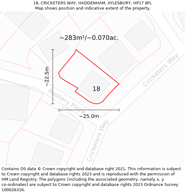 18, CRICKETERS WAY, HADDENHAM, AYLESBURY, HP17 8FL: Plot and title map