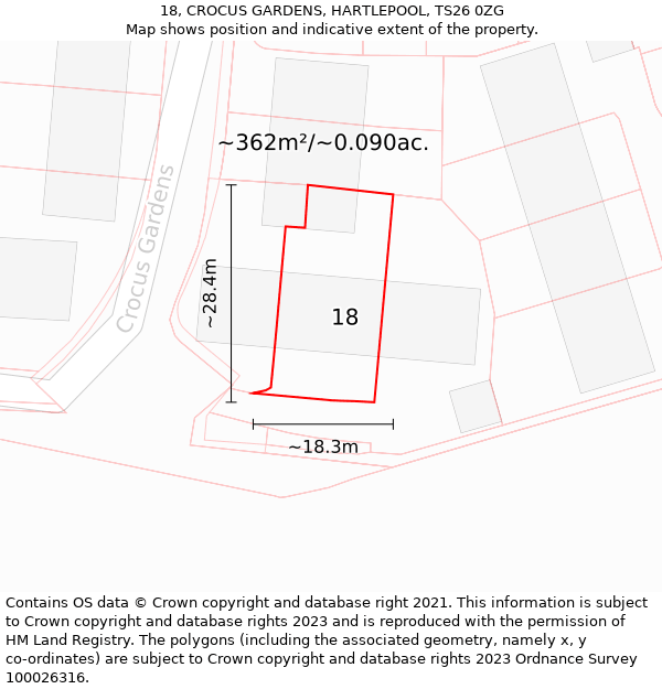 18, CROCUS GARDENS, HARTLEPOOL, TS26 0ZG: Plot and title map