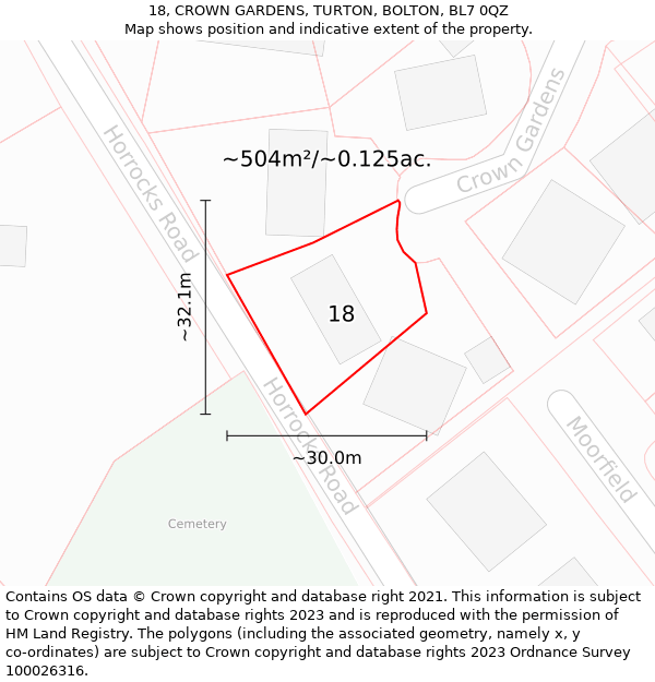 18, CROWN GARDENS, TURTON, BOLTON, BL7 0QZ: Plot and title map