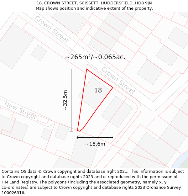 18, CROWN STREET, SCISSETT, HUDDERSFIELD, HD8 9JN: Plot and title map