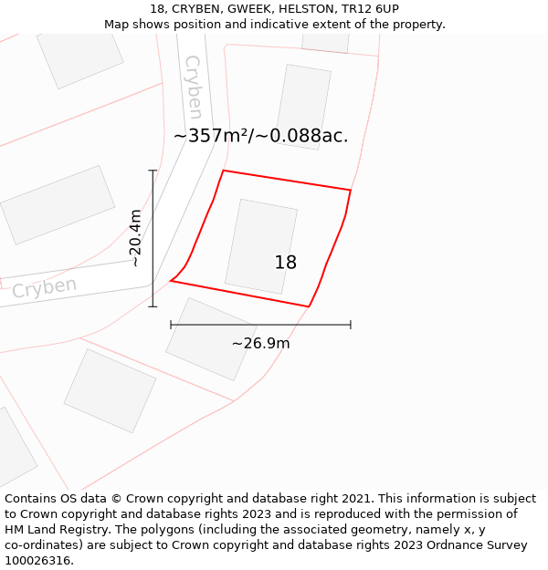 18, CRYBEN, GWEEK, HELSTON, TR12 6UP: Plot and title map