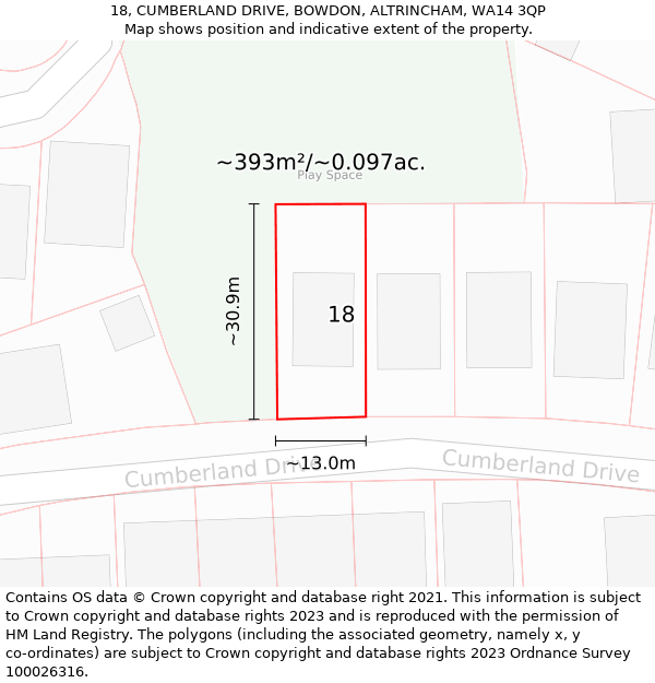 18, CUMBERLAND DRIVE, BOWDON, ALTRINCHAM, WA14 3QP: Plot and title map