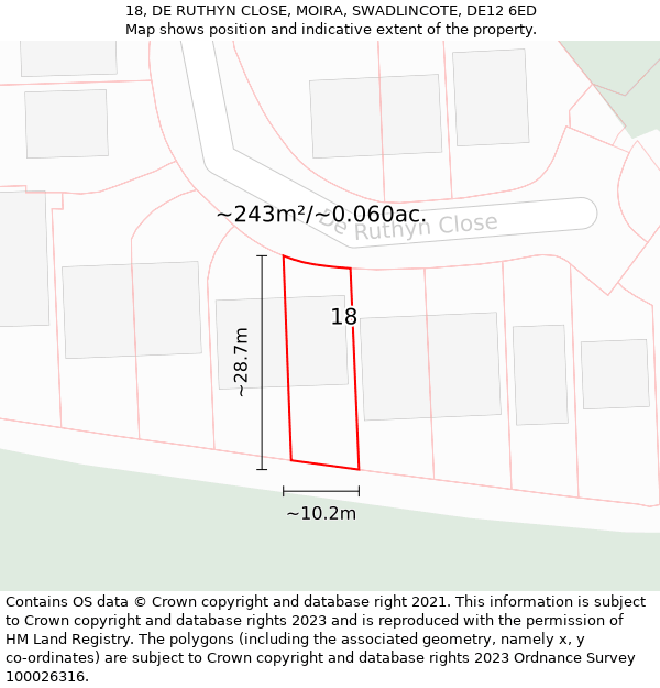 18, DE RUTHYN CLOSE, MOIRA, SWADLINCOTE, DE12 6ED: Plot and title map