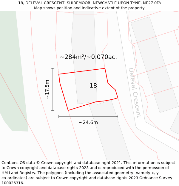 18, DELEVAL CRESCENT, SHIREMOOR, NEWCASTLE UPON TYNE, NE27 0FA: Plot and title map