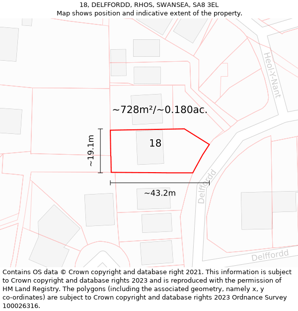 18, DELFFORDD, RHOS, SWANSEA, SA8 3EL: Plot and title map