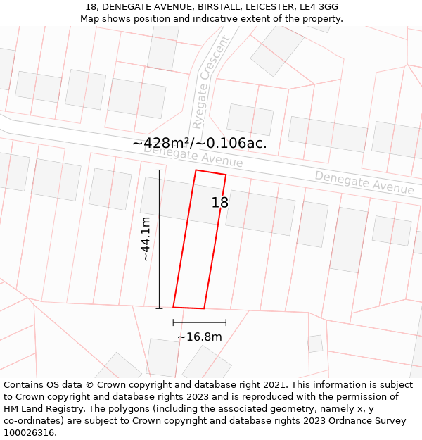 18, DENEGATE AVENUE, BIRSTALL, LEICESTER, LE4 3GG: Plot and title map