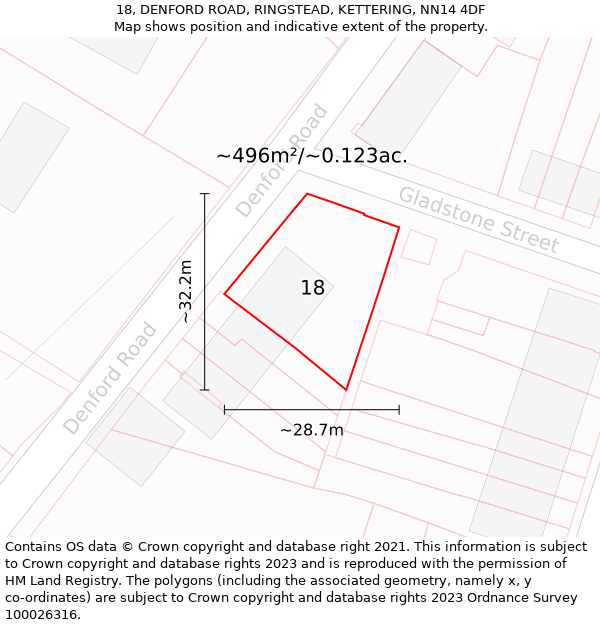 18, DENFORD ROAD, RINGSTEAD, KETTERING, NN14 4DF: Plot and title map