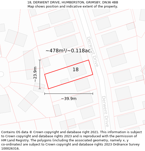 18, DERWENT DRIVE, HUMBERSTON, GRIMSBY, DN36 4BB: Plot and title map