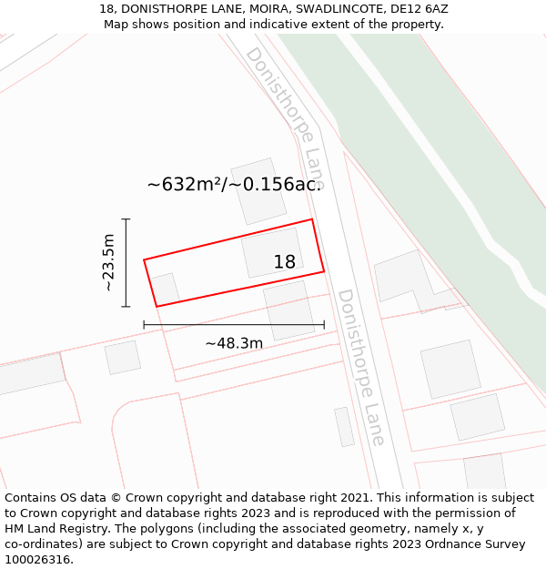 18, DONISTHORPE LANE, MOIRA, SWADLINCOTE, DE12 6AZ: Plot and title map