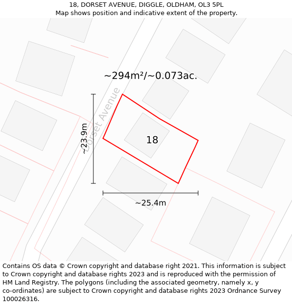 18, DORSET AVENUE, DIGGLE, OLDHAM, OL3 5PL: Plot and title map