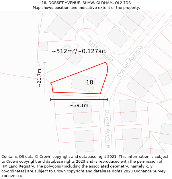 18, DORSET AVENUE, SHAW, OLDHAM, OL2 7DS: Plot and title map