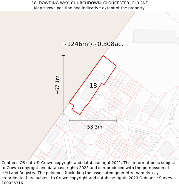 18, DOWDING WAY, CHURCHDOWN, GLOUCESTER, GL3 2NF: Plot and title map