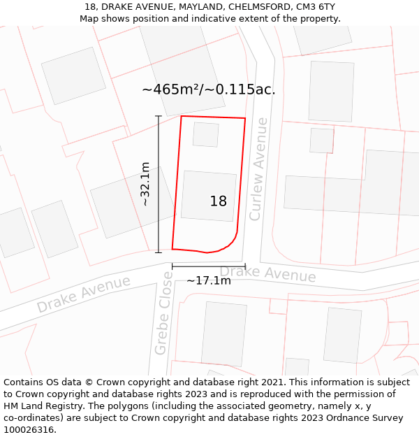 18, DRAKE AVENUE, MAYLAND, CHELMSFORD, CM3 6TY: Plot and title map