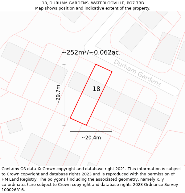 18, DURHAM GARDENS, WATERLOOVILLE, PO7 7BB: Plot and title map