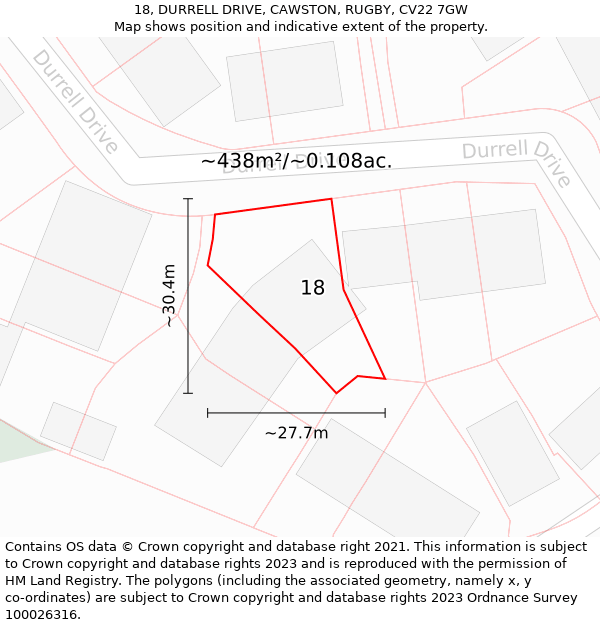 18, DURRELL DRIVE, CAWSTON, RUGBY, CV22 7GW: Plot and title map