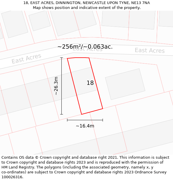 18, EAST ACRES, DINNINGTON, NEWCASTLE UPON TYNE, NE13 7NA: Plot and title map