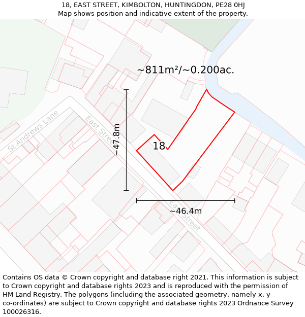 18, EAST STREET, KIMBOLTON, HUNTINGDON, PE28 0HJ: Plot and title map