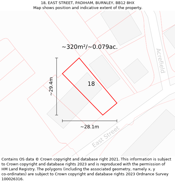 18, EAST STREET, PADIHAM, BURNLEY, BB12 8HX: Plot and title map