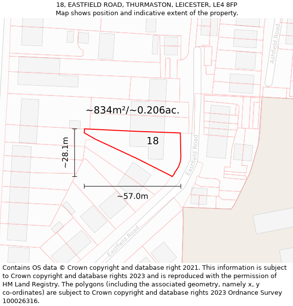 18, EASTFIELD ROAD, THURMASTON, LEICESTER, LE4 8FP: Plot and title map