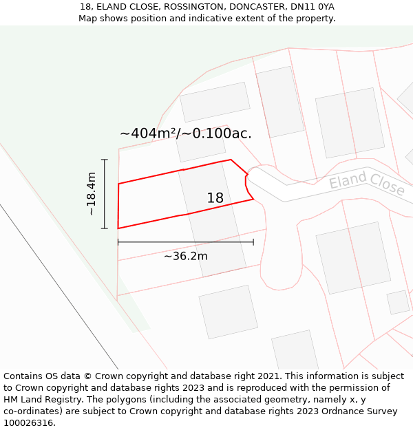 18, ELAND CLOSE, ROSSINGTON, DONCASTER, DN11 0YA: Plot and title map