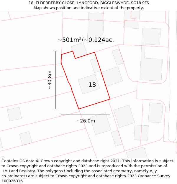 18, ELDERBERRY CLOSE, LANGFORD, BIGGLESWADE, SG18 9FS: Plot and title map