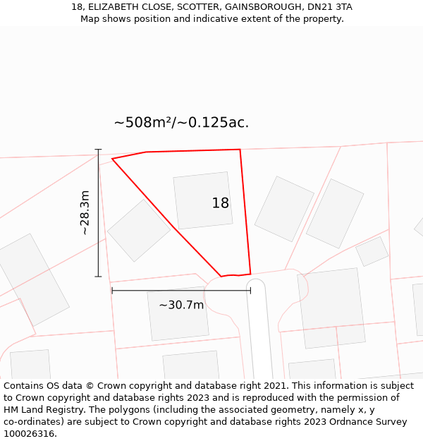 18, ELIZABETH CLOSE, SCOTTER, GAINSBOROUGH, DN21 3TA: Plot and title map