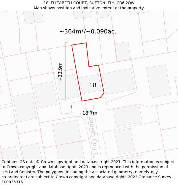 18, ELIZABETH COURT, SUTTON, ELY, CB6 2QW: Plot and title map