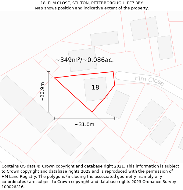 18, ELM CLOSE, STILTON, PETERBOROUGH, PE7 3RY: Plot and title map