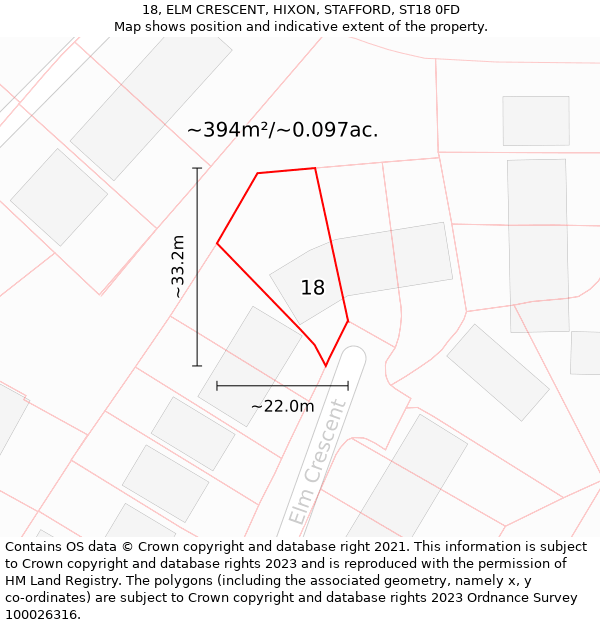 18, ELM CRESCENT, HIXON, STAFFORD, ST18 0FD: Plot and title map