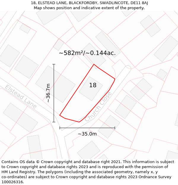 18, ELSTEAD LANE, BLACKFORDBY, SWADLINCOTE, DE11 8AJ: Plot and title map