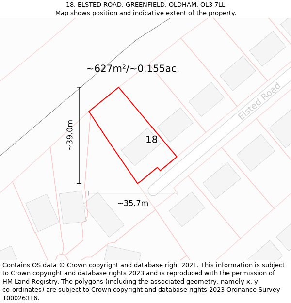 18, ELSTED ROAD, GREENFIELD, OLDHAM, OL3 7LL: Plot and title map