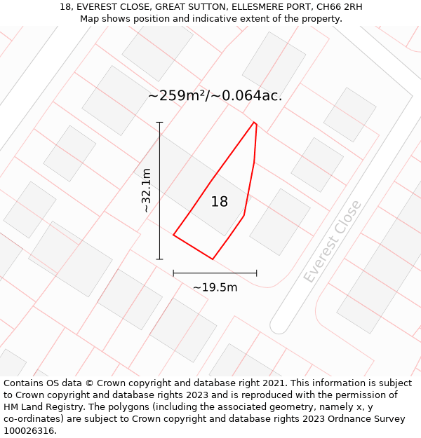 18, EVEREST CLOSE, GREAT SUTTON, ELLESMERE PORT, CH66 2RH: Plot and title map