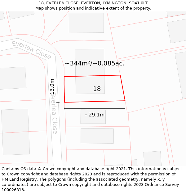 18, EVERLEA CLOSE, EVERTON, LYMINGTON, SO41 0LT: Plot and title map