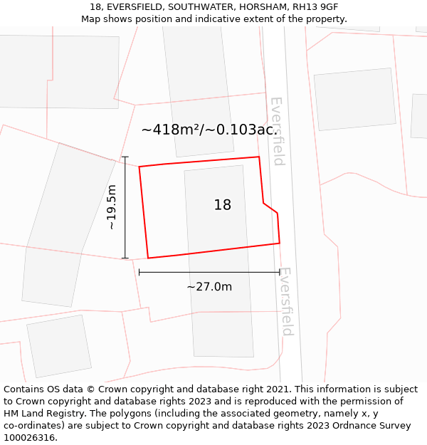 18, EVERSFIELD, SOUTHWATER, HORSHAM, RH13 9GF: Plot and title map