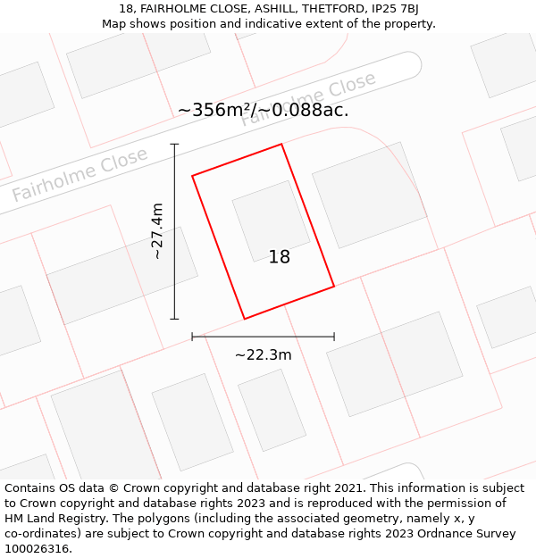 18, FAIRHOLME CLOSE, ASHILL, THETFORD, IP25 7BJ: Plot and title map